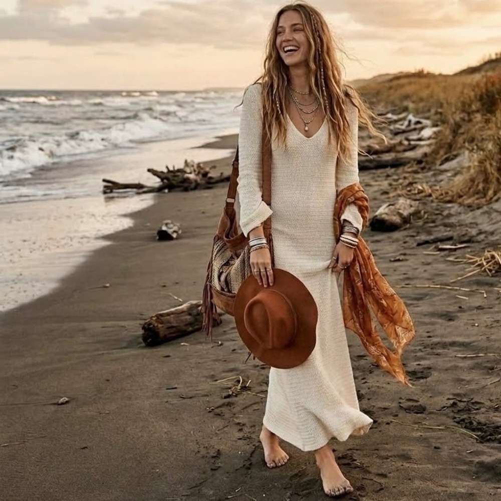 Free People Cream Knit Open Back V-Neck Maxi Sweater Dress Long Sleeve Medium